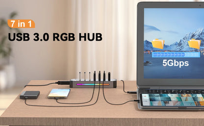 Hub USB 3.0 7 en 1 – RGB y con Interruptores Individuales para Laptop y PC