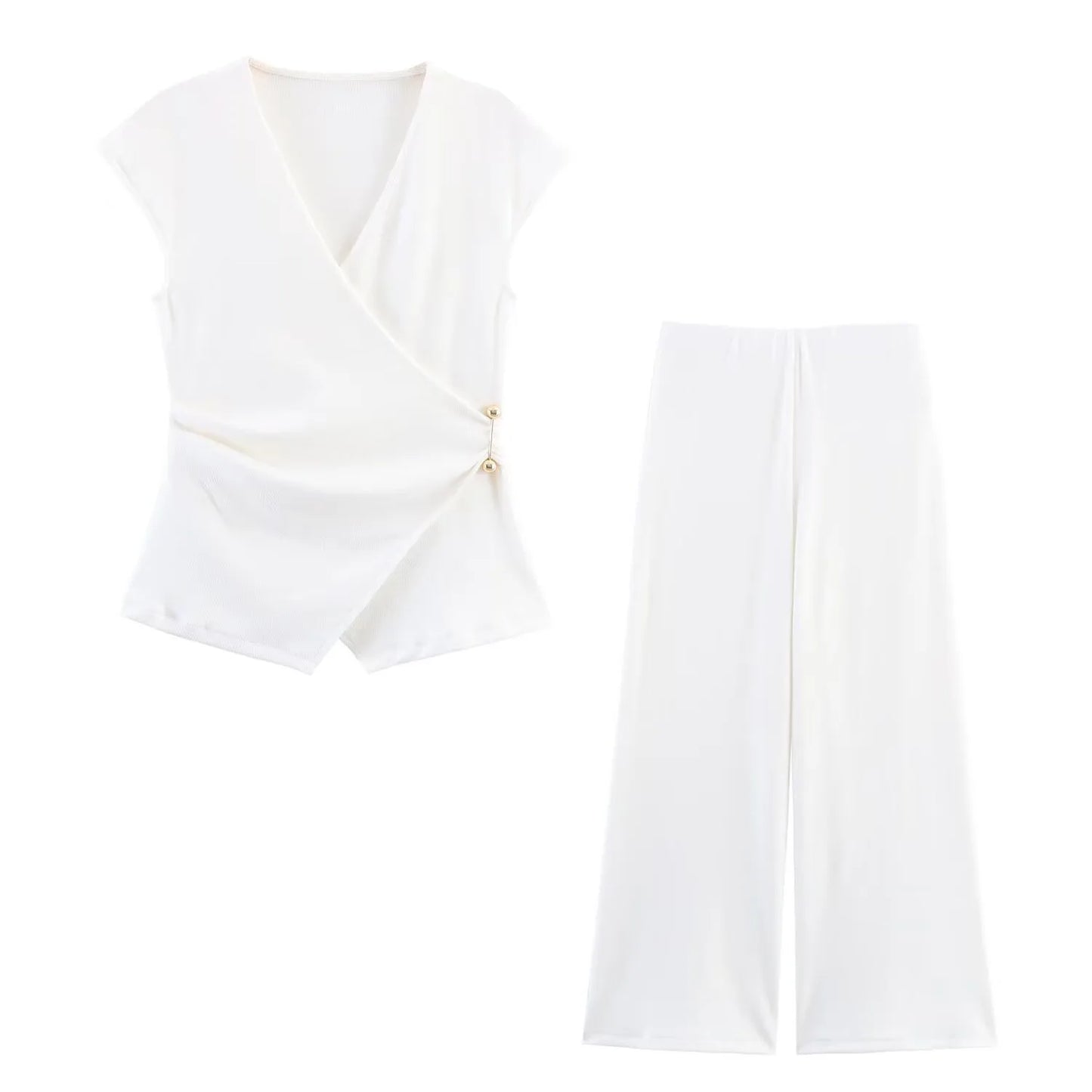 MYST&ZA2025 Summer New Women's Wear Pin-Decorated Sleeveless Double-Breasted V-Neck Top + Simple Mid-Waist Casual Pants Set