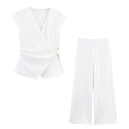 MYST&ZA2025 Summer New Women's Wear Pin-Decorated Sleeveless Double-Breasted V-Neck Top + Simple Mid-Waist Casual Pants Set