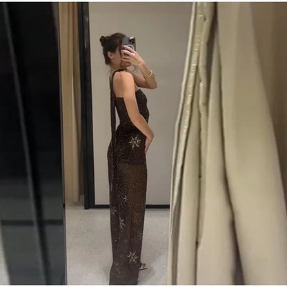 Sexy Beading Sequin Top Pant Set Women Slim Tube Top Scarf Neck See Through Straight Trouser 2025 Fashion Autumn Party Suit Lady
