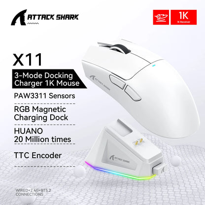 Ratón Gaming Attack Shark X11 – Tri-Mode (BT/2.4G/Cable) con RGB y Base de Carga Magnética