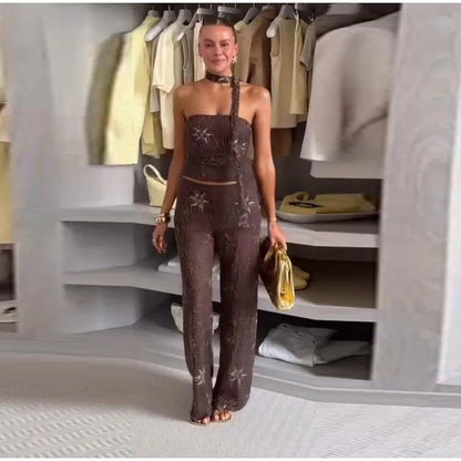 Sexy Beading Sequin Top Pant Set Women Slim Tube Top Scarf Neck See Through Straight Trouser 2025 Fashion Autumn Party Suit Lady