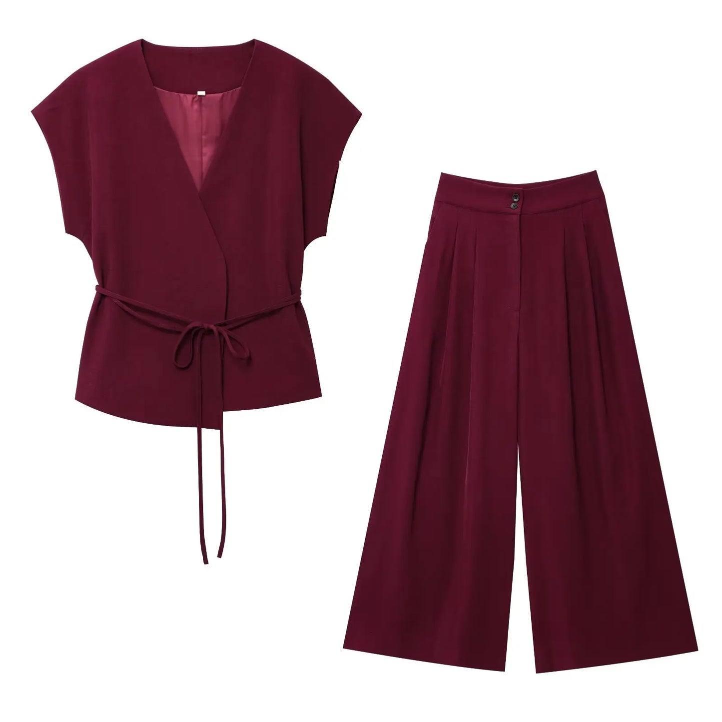 TFMLN Fashion Women's Trouser Suits Sleeveless V-Neck Top With Belt Straight Pants Sets 2025 Spring Summer Commuter 2 Piece Set