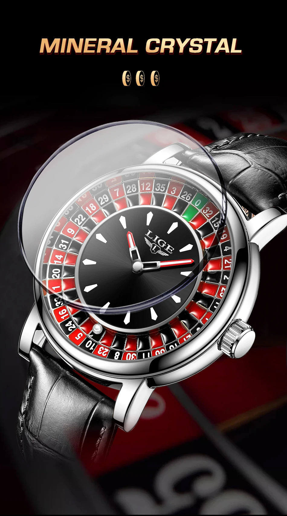 Reloj LIGE Hombre – Cuarzo, Lujo, Dial Ruleta, Cuero, Resistente al Agua