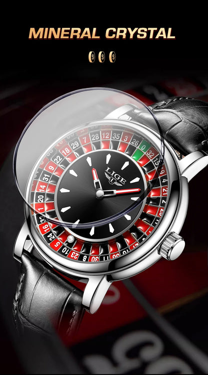 Reloj LIGE Hombre – Cuarzo, Lujo, Dial Ruleta, Cuero, Resistente al Agua