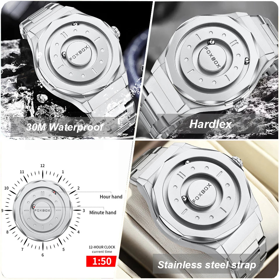 Reloj FOXBOX Hombre – Cuarzo, Acero Inoxidable y Aguja Deslizante Magnética