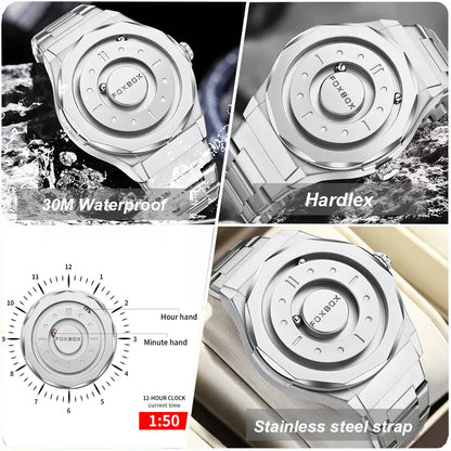 Reloj FOXBOX Hombre – Cuarzo, Acero Inoxidable y Aguja Deslizante Magnética