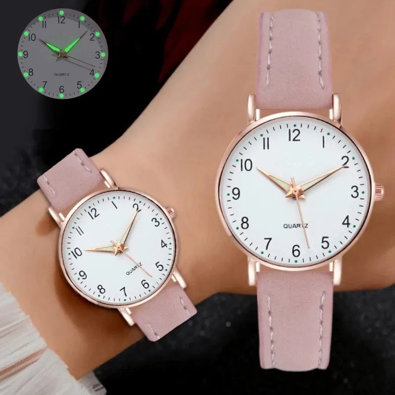 Reloj Mujer – Lujo, Cuarzo, Correa de Cuero y Manecillas Luminiscentes