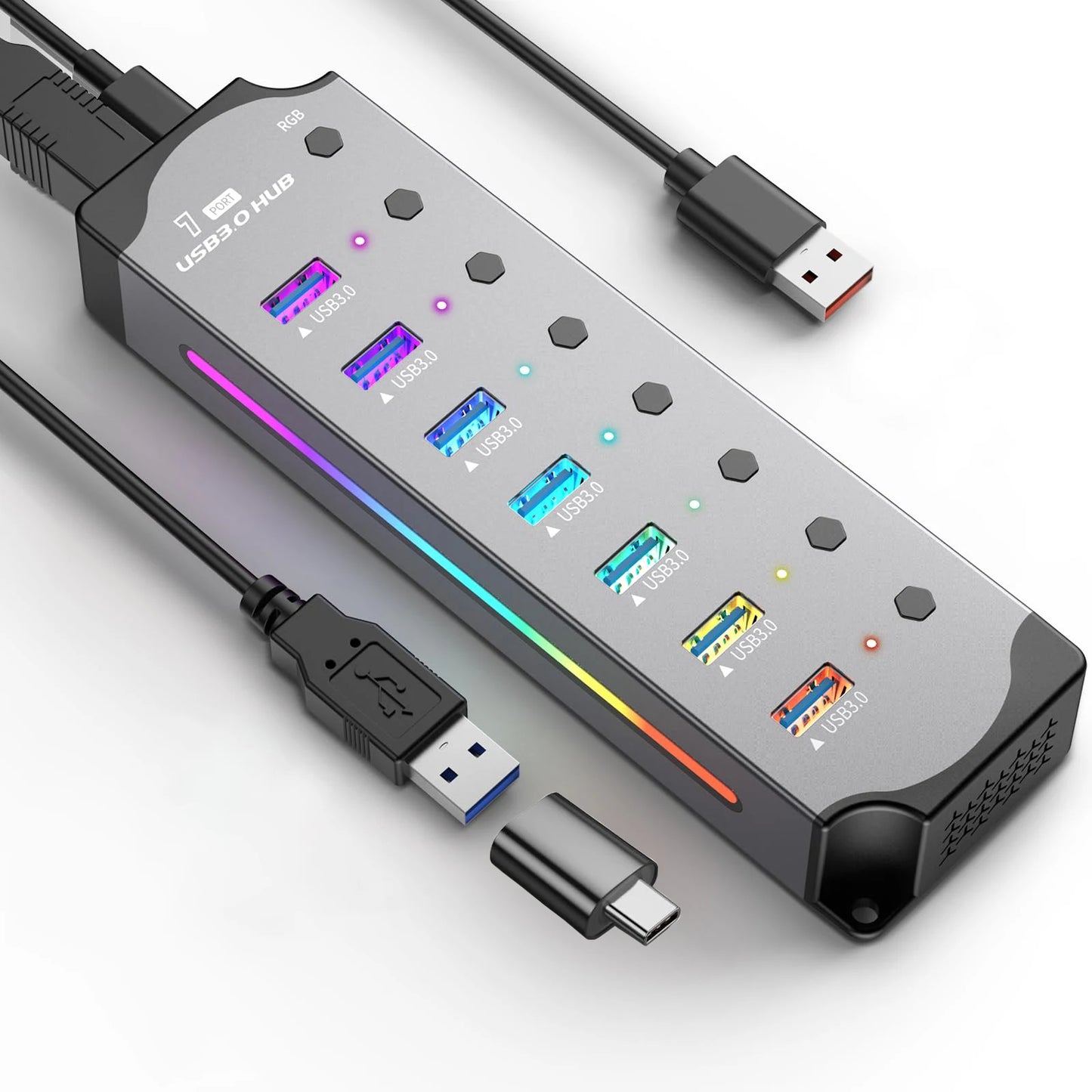 Hub USB 3.0 7 en 1 – RGB y con Interruptores Individuales para Laptop y PC
