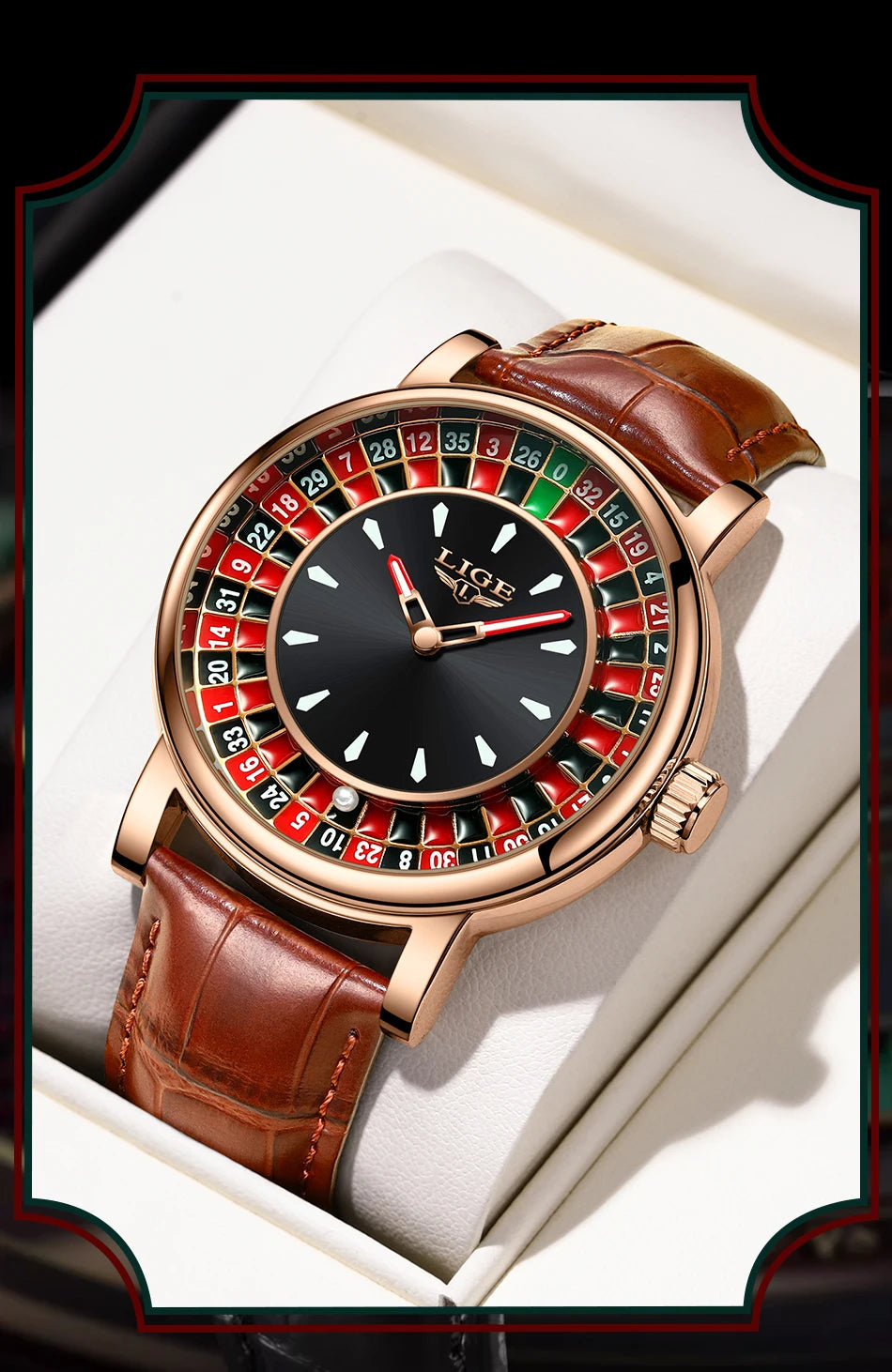Reloj LIGE Hombre – Cuarzo, Lujo, Dial Ruleta, Cuero, Resistente al Agua