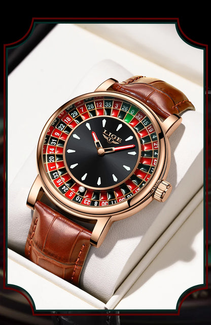 Reloj LIGE Hombre – Cuarzo, Lujo, Dial Ruleta, Cuero, Resistente al Agua