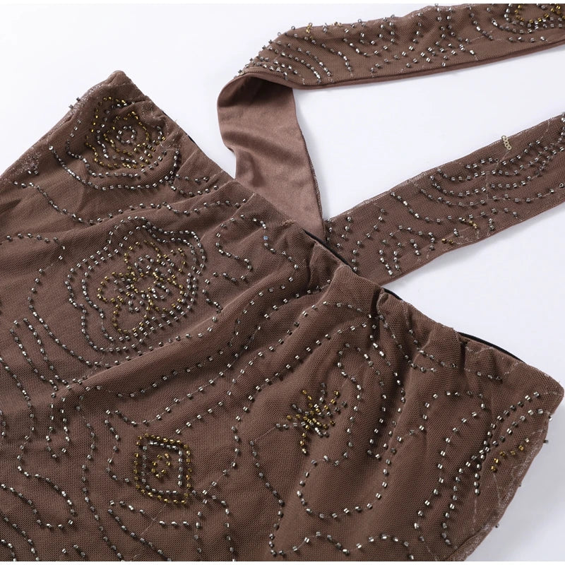 Sexy Beading Sequin Top Pant Set Women Slim Tube Top Scarf Neck See Through Straight Trouser 2025 Fashion Autumn Party Suit Lady