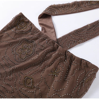 Sexy Beading Sequin Top Pant Set Women Slim Tube Top Scarf Neck See Through Straight Trouser 2025 Fashion Autumn Party Suit Lady