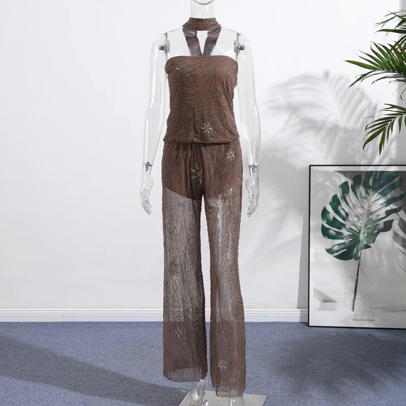 Sexy Beading Sequin Top Pant Set Women Slim Tube Top Scarf Neck See Through Straight Trouser 2025 Fashion Autumn Party Suit Lady