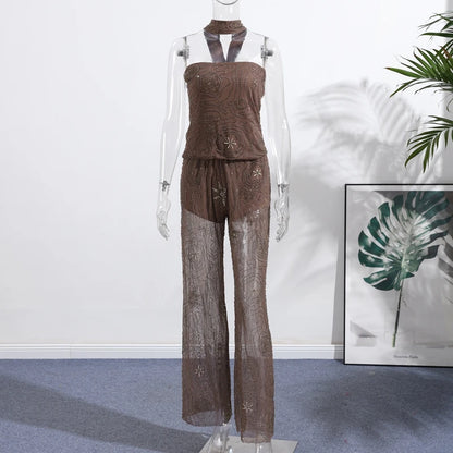 Sexy Beading Sequin Top Pant Set Women Slim Tube Top Scarf Neck See Through Straight Trouser 2025 Fashion Autumn Party Suit Lady