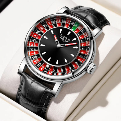 Reloj LIGE Hombre – Cuarzo, Lujo, Dial Ruleta, Cuero, Resistente al Agua