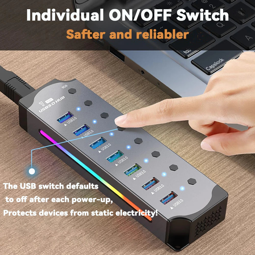 Hub USB 3.0 7 en 1 – RGB y con Interruptores Individuales para Laptop y PC