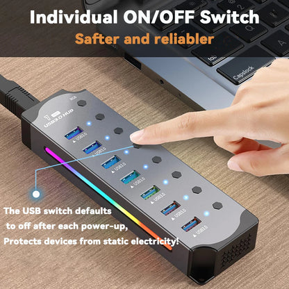 Hub USB 3.0 7 en 1 – RGB y con Interruptores Individuales para Laptop y PC