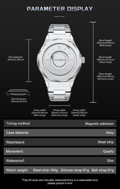 Reloj FOXBOX Hombre – Cuarzo, Acero Inoxidable y Aguja Deslizante Magnética