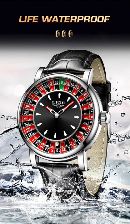 Reloj LIGE Hombre – Cuarzo, Lujo, Dial Ruleta, Cuero, Resistente al Agua