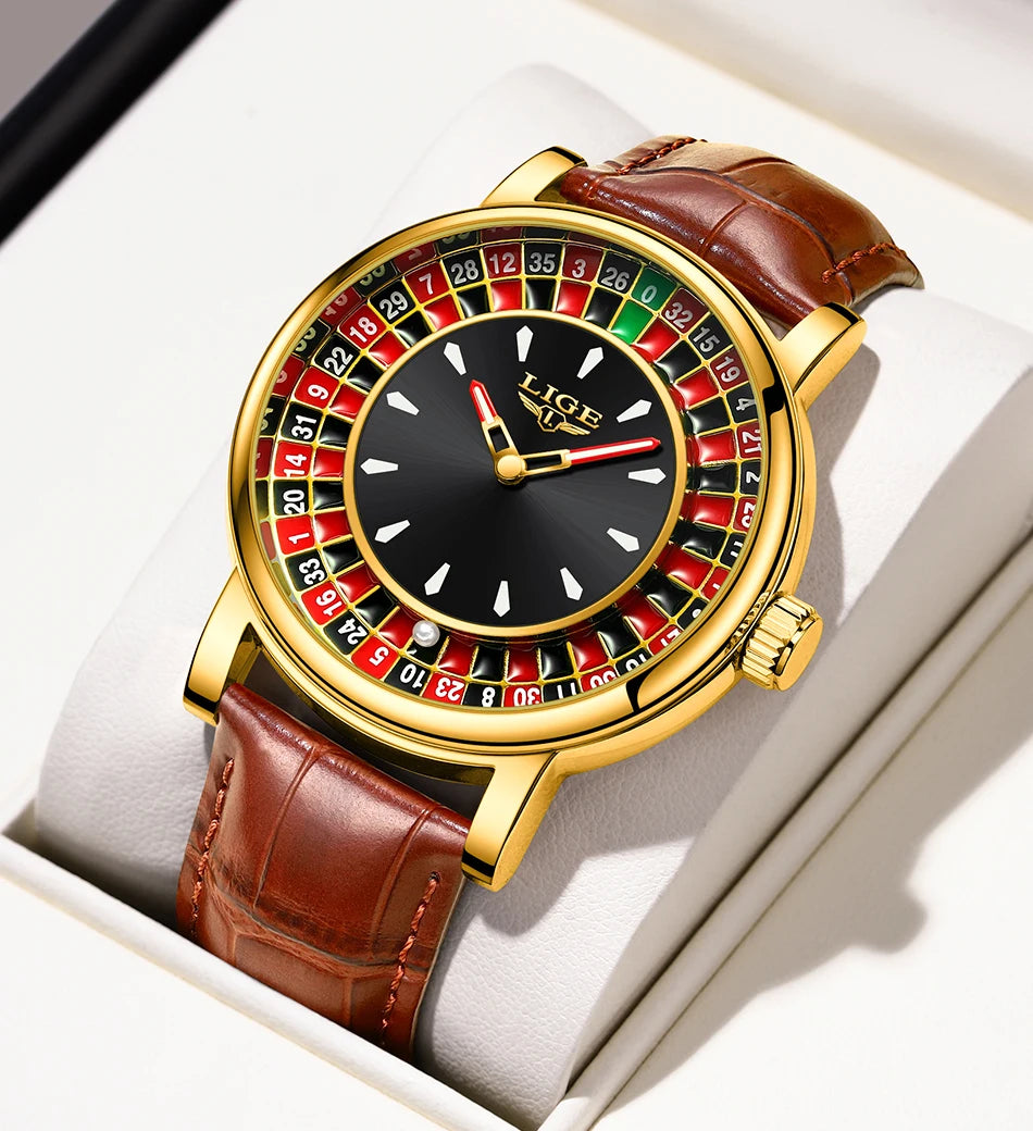 Reloj LIGE Hombre – Cuarzo, Lujo, Dial Ruleta, Cuero, Resistente al Agua