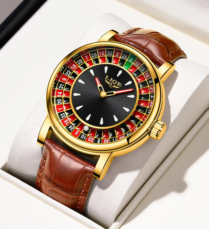 Reloj LIGE Hombre – Cuarzo, Lujo, Dial Ruleta, Cuero, Resistente al Agua