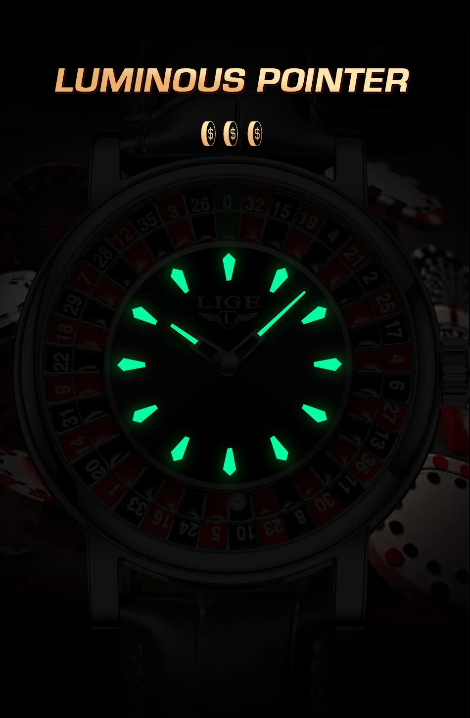 Reloj LIGE Hombre – Cuarzo, Lujo, Dial Ruleta, Cuero, Resistente al Agua