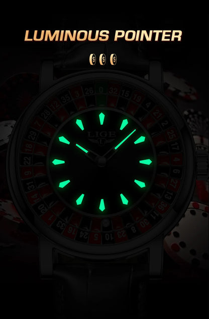 Reloj LIGE Hombre – Cuarzo, Lujo, Dial Ruleta, Cuero, Resistente al Agua