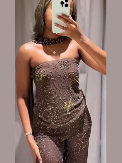 Sexy Beading Sequin Top Pant Set Women Slim Tube Top Scarf Neck See Through Straight Trouser 2025 Fashion Autumn Party Suit Lady