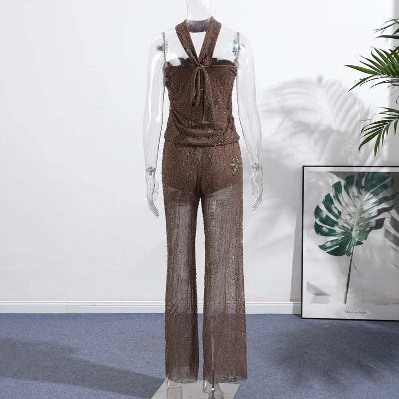 Sexy Beading Sequin Top Pant Set Women Slim Tube Top Scarf Neck See Through Straight Trouser 2025 Fashion Autumn Party Suit Lady