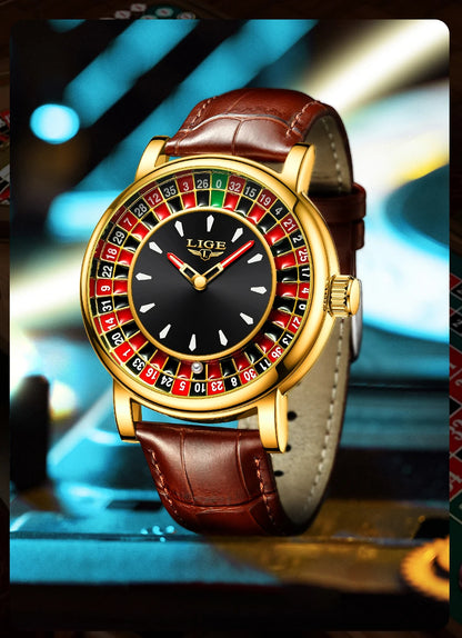Reloj LIGE Hombre – Cuarzo, Lujo, Dial Ruleta, Cuero, Resistente al Agua