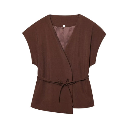 TFMLN Fashion Women's Trouser Suits Sleeveless V-Neck Top With Belt Straight Pants Sets 2025 Spring Summer Commuter 2 Piece Set