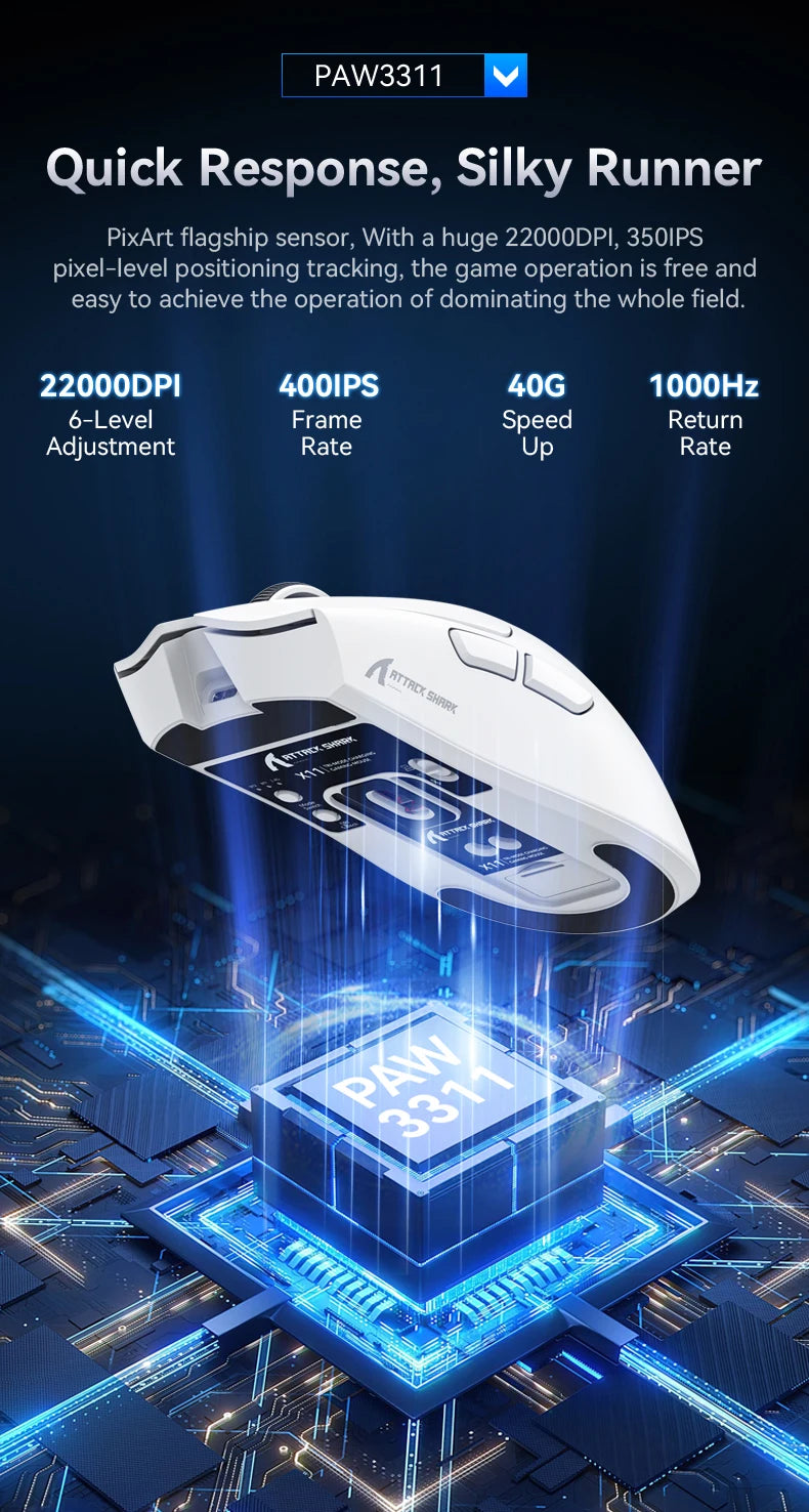 Ratón Gaming Attack Shark X11 – Tri-Mode (BT/2.4G/Cable) con RGB y Base de Carga Magnética