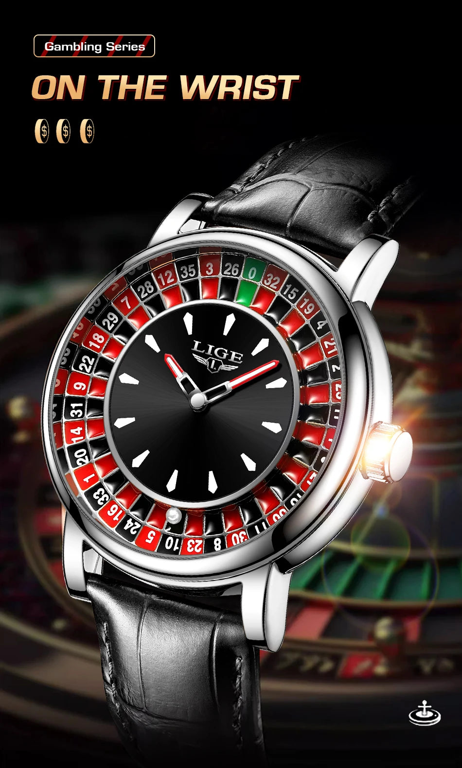 Reloj LIGE Hombre – Cuarzo, Lujo, Dial Ruleta, Cuero, Resistente al Agua