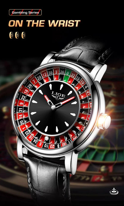 Reloj LIGE Hombre – Cuarzo, Lujo, Dial Ruleta, Cuero, Resistente al Agua