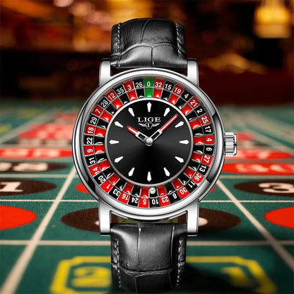 Reloj LIGE Hombre – Cuarzo, Lujo, Dial Ruleta, Cuero, Resistente al Agua