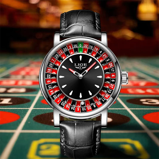 Reloj LIGE Hombre – Cuarzo, Lujo, Dial Ruleta, Cuero, Resistente al Agua