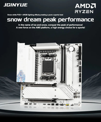 Placa Base JGINYUE B650M Snow Dream – DDR5 ARGB, M-ATX, Gaming, PCIe 4.0, Compatible con CPUs 9700X/9900X/7800X3D