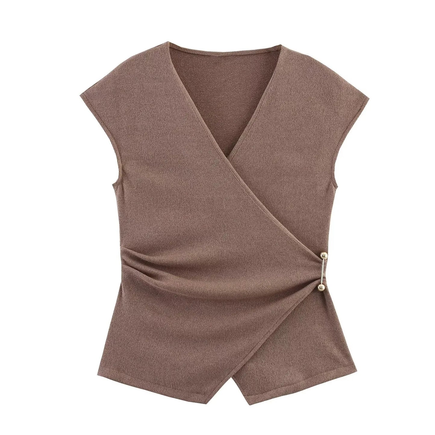 MYST&ZA2025 Summer New Women's Wear Pin-Decorated Sleeveless Double-Breasted V-Neck Top + Simple Mid-Waist Casual Pants Set