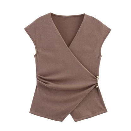 MYST&ZA2025 Summer New Women's Wear Pin-Decorated Sleeveless Double-Breasted V-Neck Top + Simple Mid-Waist Casual Pants Set