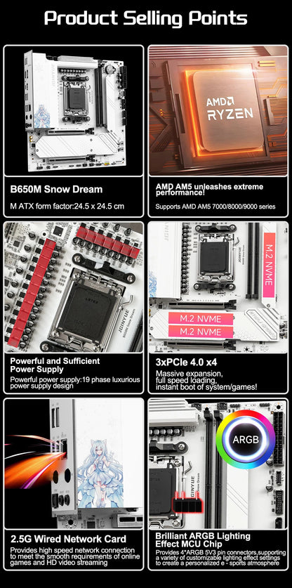Placa Base JGINYUE B650M Snow Dream – DDR5 ARGB, M-ATX, Gaming, PCIe 4.0, Compatible con CPUs 9700X/9900X/7800X3D