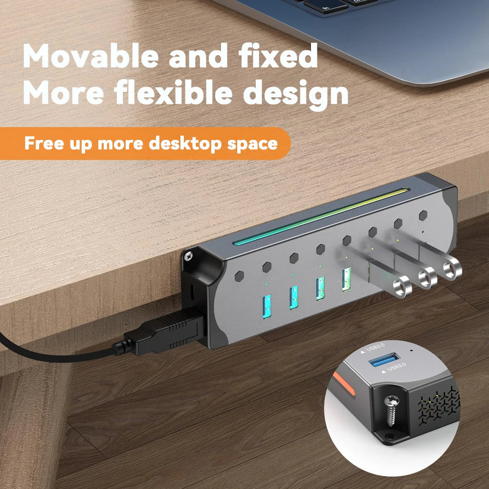 Hub USB 3.0 7 en 1 – RGB y con Interruptores Individuales para Laptop y PC