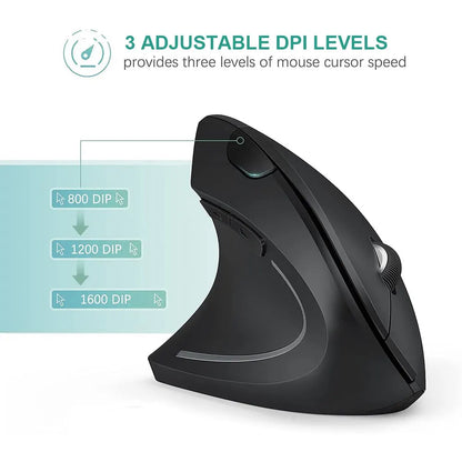 Ratón Vertical Ergonómico Inalámbrico – 3 DPI Ajustables, 6 Botones para PC y Laptop