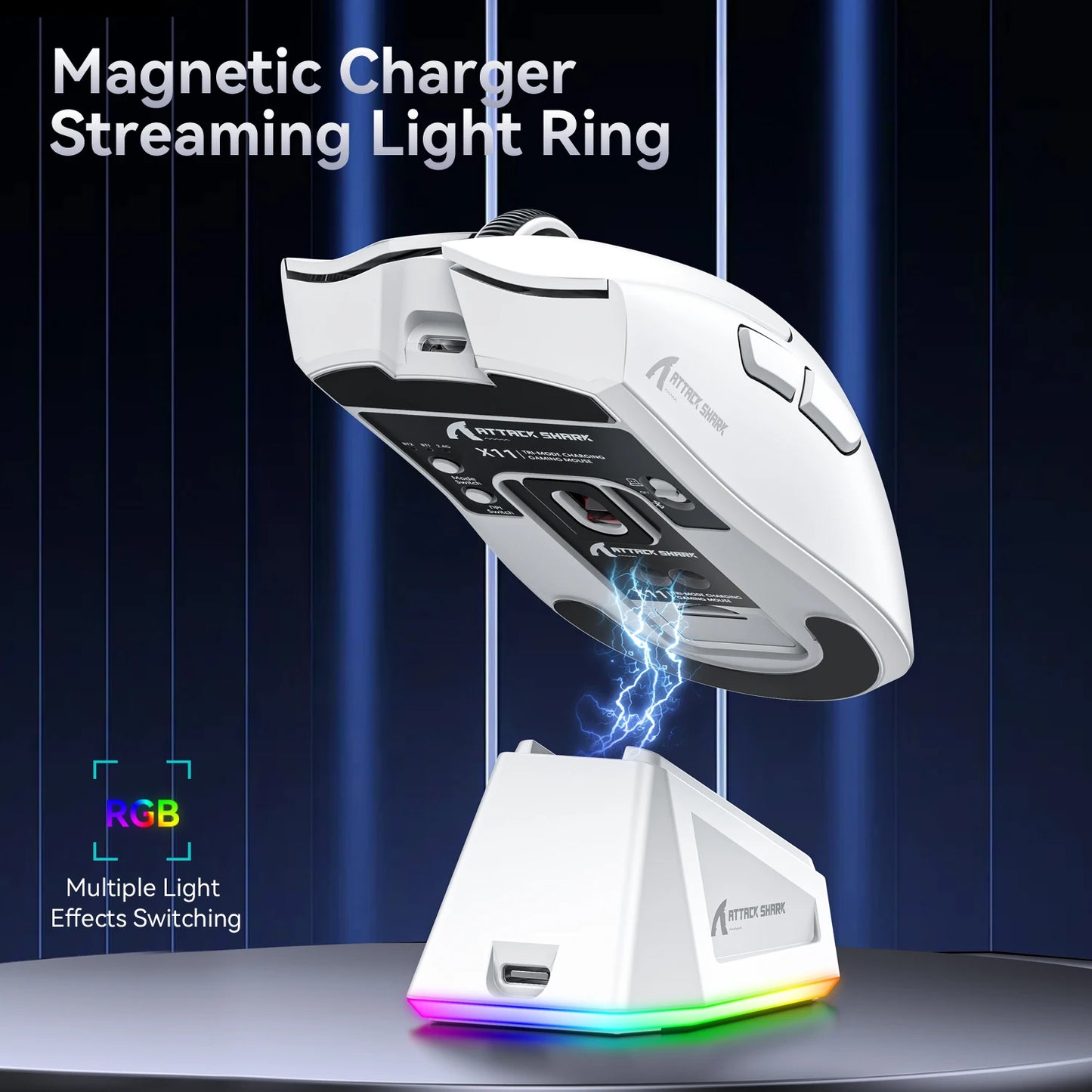 Ratón Gaming Attack Shark X11 – Tri-Mode (BT/2.4G/Cable) con RGB y Base de Carga Magnética