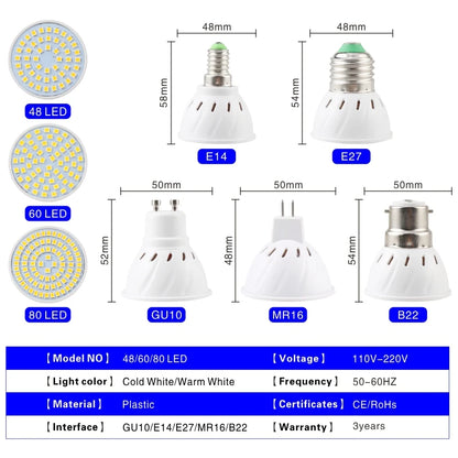 10pcs Lampada LED Spotlight Bulb E27 E14 MR16 GU10 B22 220V Bombillas LED Lamp 48 60 80 LED 2835 SMD Lampara Spot Light 3w 4w 5w