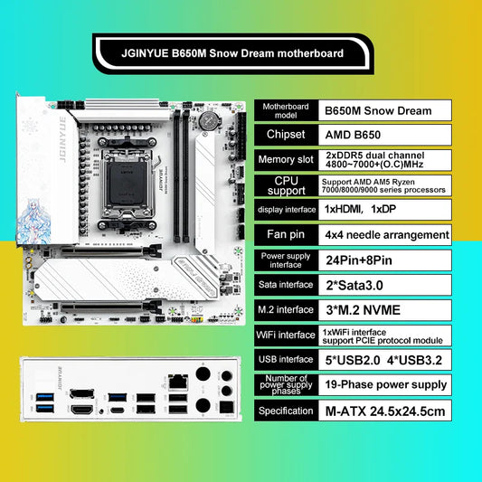 Placa Base JGINYUE B650M Snow Dream – DDR5 ARGB, M-ATX, Gaming, PCIe 4.0, Compatible con CPUs 9700X/9900X/7800X3D