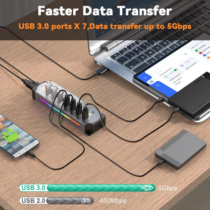 Hub USB 3.0 7 en 1 – RGB y con Interruptores Individuales para Laptop y PC