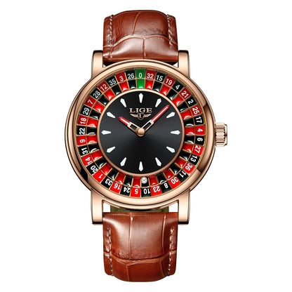 Reloj LIGE Hombre – Cuarzo, Lujo, Dial Ruleta, Cuero, Resistente al Agua