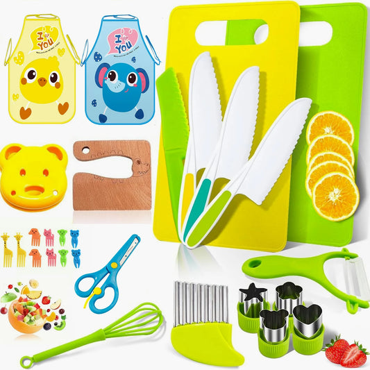 Fun Kids Cooking Sets 28PCS, Sandwich Cutter Shapes, Serrated Edge Y Peeler, Safe Kitchen Tools for Children Chefs Ages 3-12 Yea