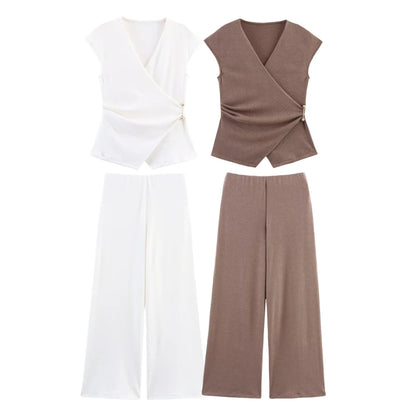 MYST&ZA2025 Summer New Women's Wear Pin-Decorated Sleeveless Double-Breasted V-Neck Top + Simple Mid-Waist Casual Pants Set